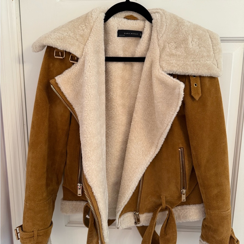 Zara Brown Suede Bomber Jacket with Cream Lining